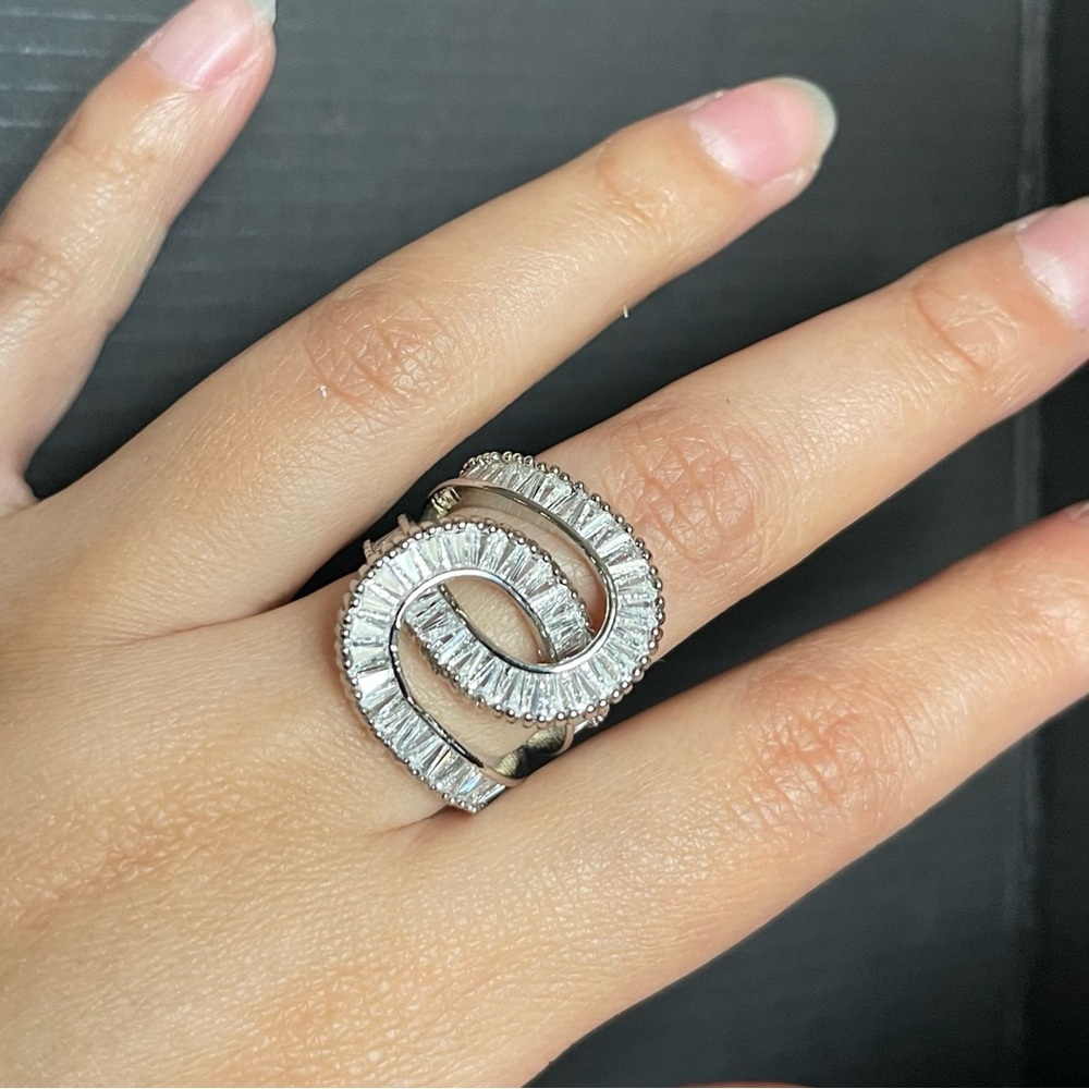 Intertwined adjustable silver tone chunky statement cz size 5-8 ring